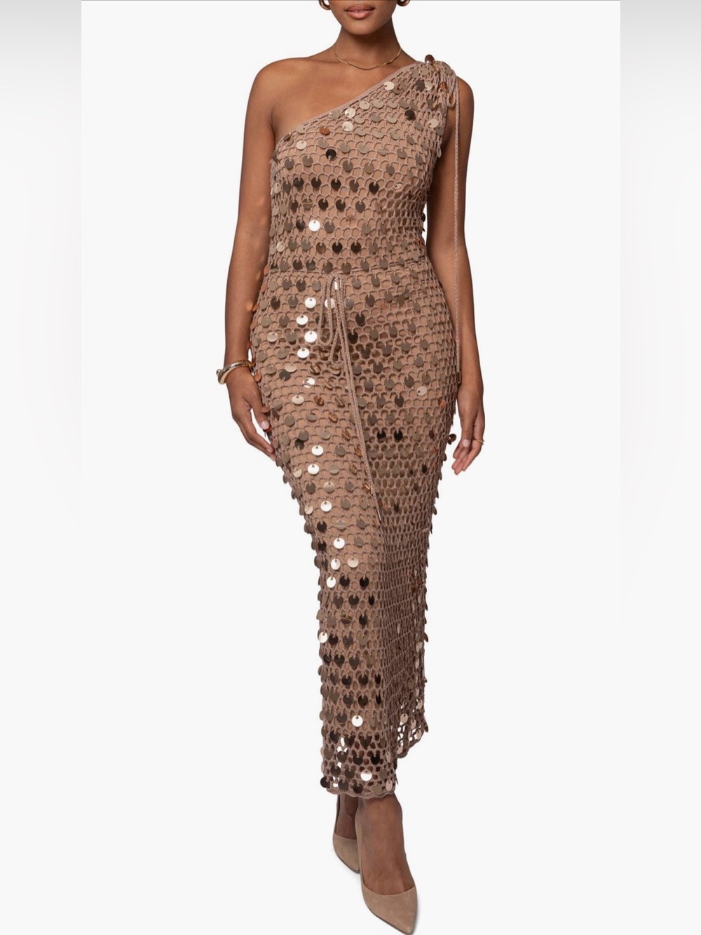 JLuxlabel Opulent Paillette One Shoulder Maxi Dress Size Small Tan Gold
